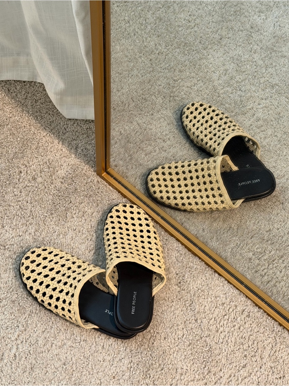 Free People Cream Woven Slip-On Mules with Black Footbed